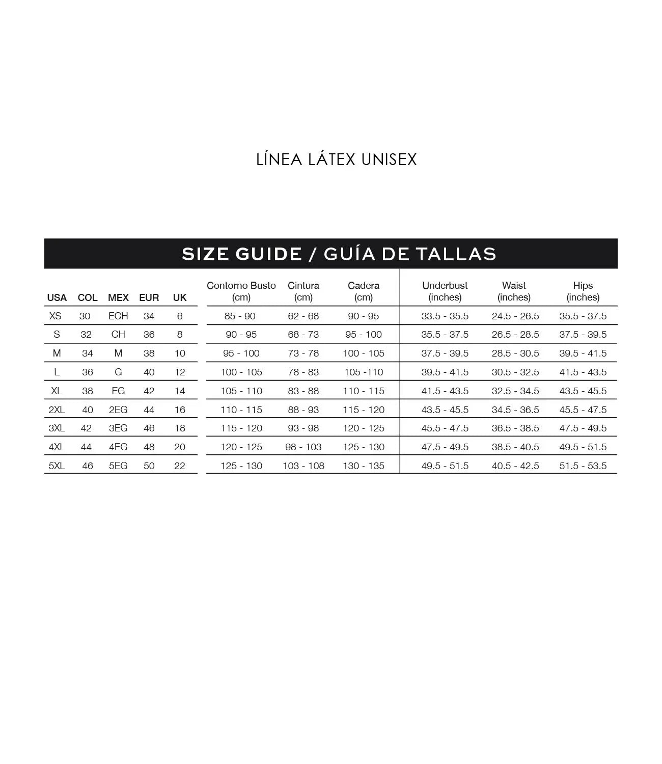 Ann Chery unisex latex shapewear size guide with measurements in cm and inches.