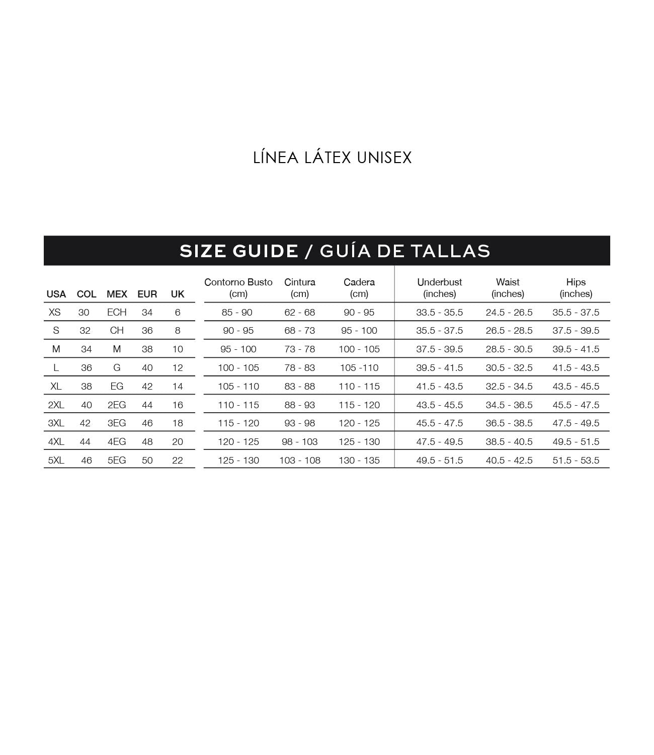 Unisex latex shapewear size guide chart with bust, waist, and hip measurements in cm and inches.