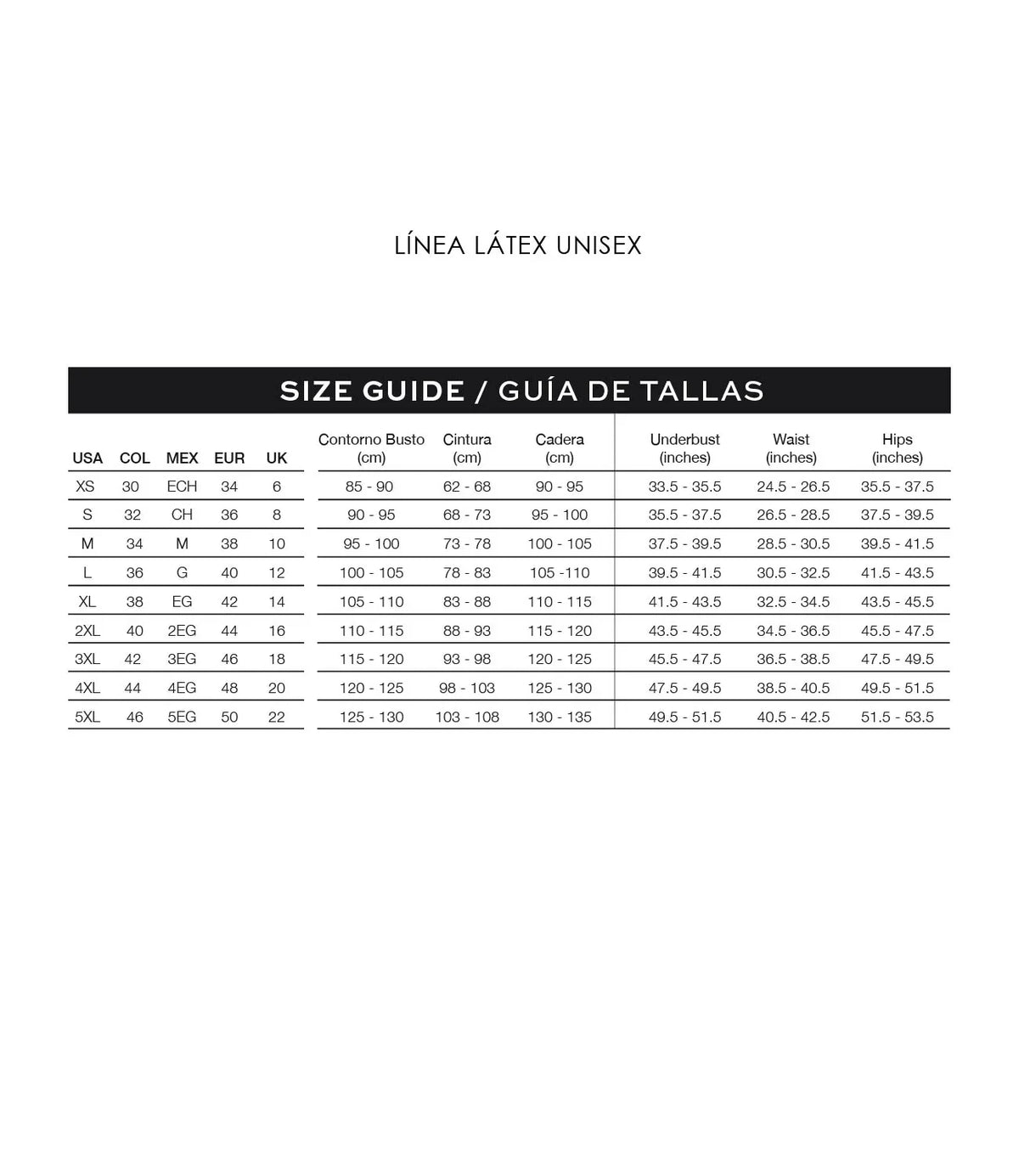 Ann Chery unisex latex shapewear size guide chart with bust, waist, and hip measurements in cm and inches.