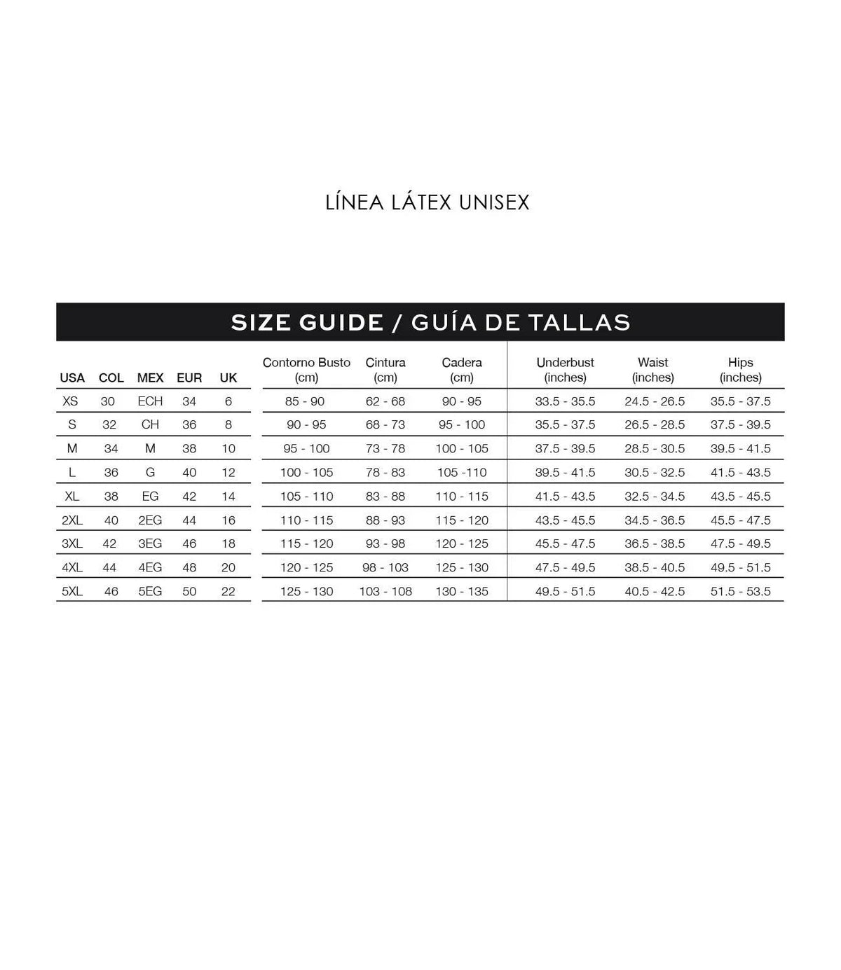 Ann Chery Línea Látex Unisex size guide chart for shapewear, waist trainers, and fajas.