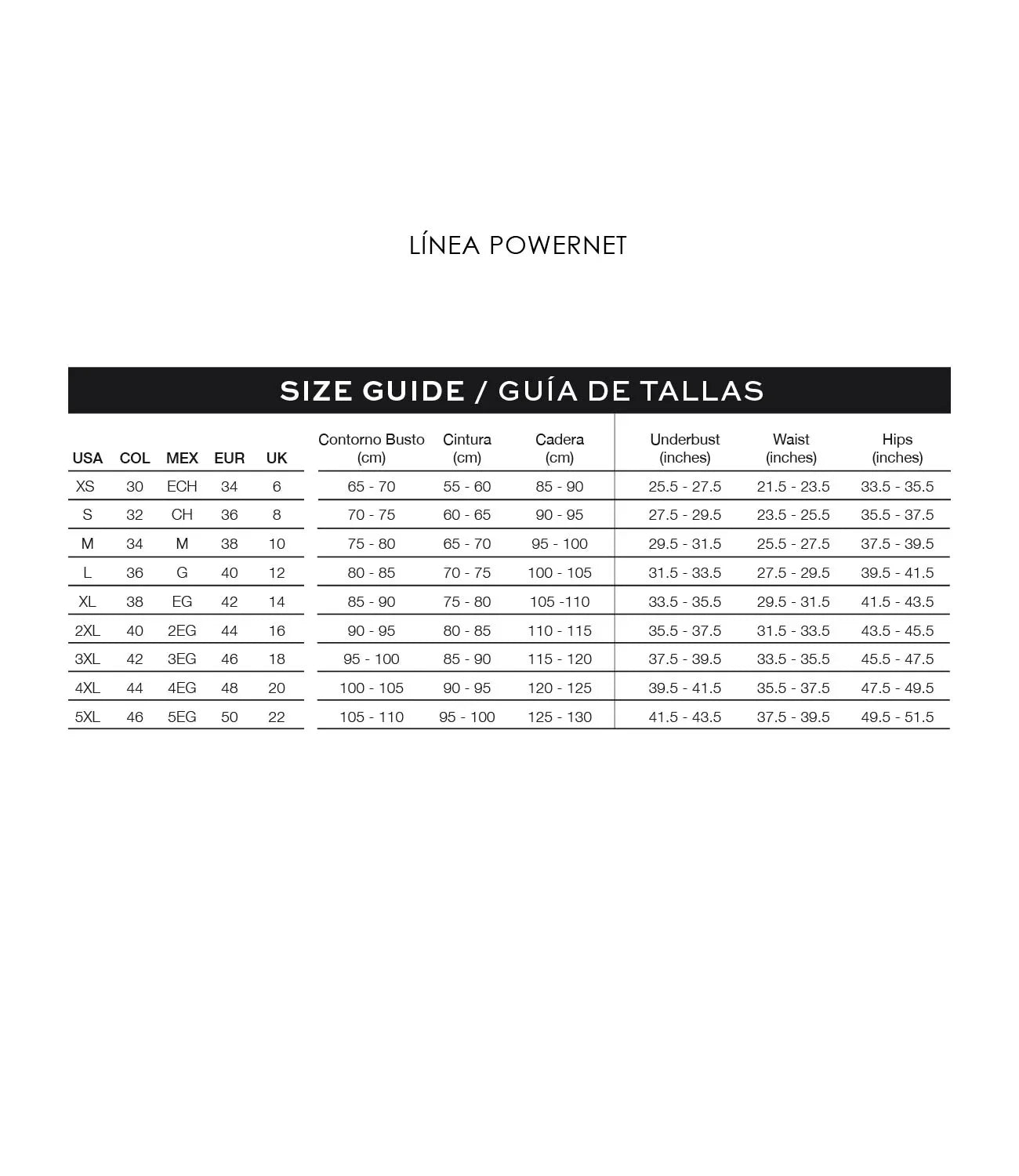 Ann Chery shapewear size guide chart showing US, EU, UK sizes, bust, waist, hips in cm and inches.