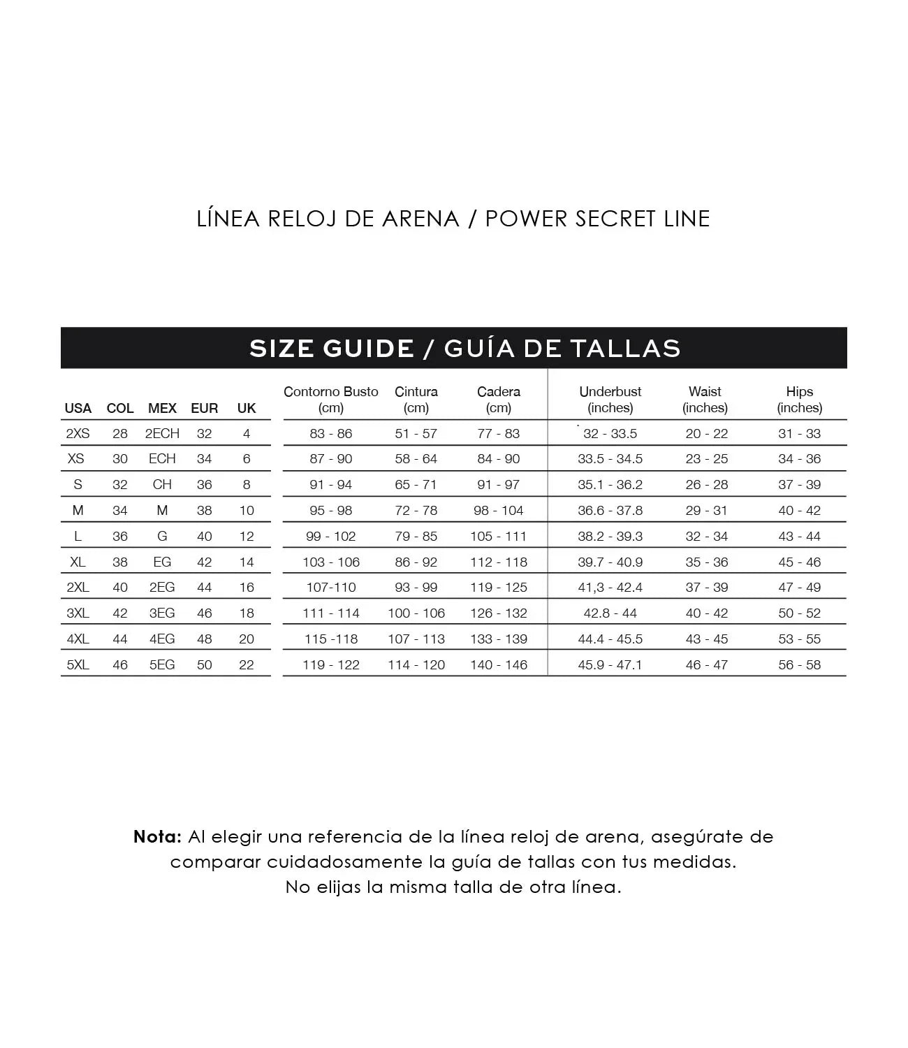 Ann Chery size guide for Power Secret Line shapewear, showing bust, waist, and hip measurements in cm and inches.