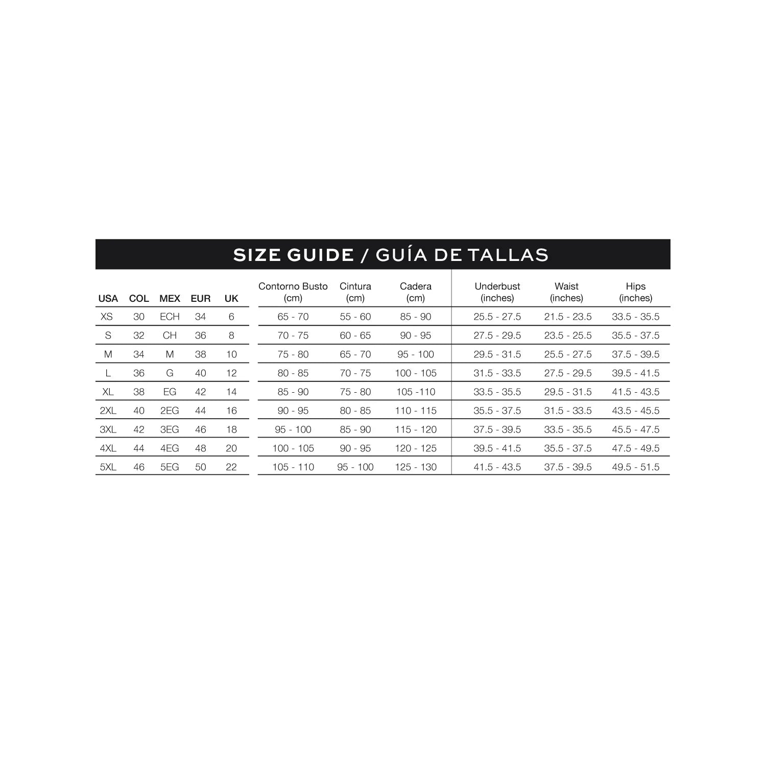 Ann Chery Colombian shapewear size guide chart with measurements in cm and inches for fajas.