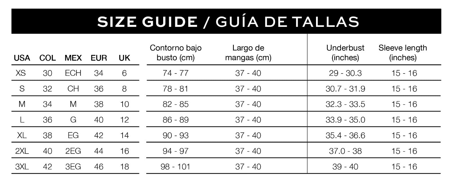 Colombian shapewear size guide chart with US, UK, EU conversions, bust and sleeve measurements.